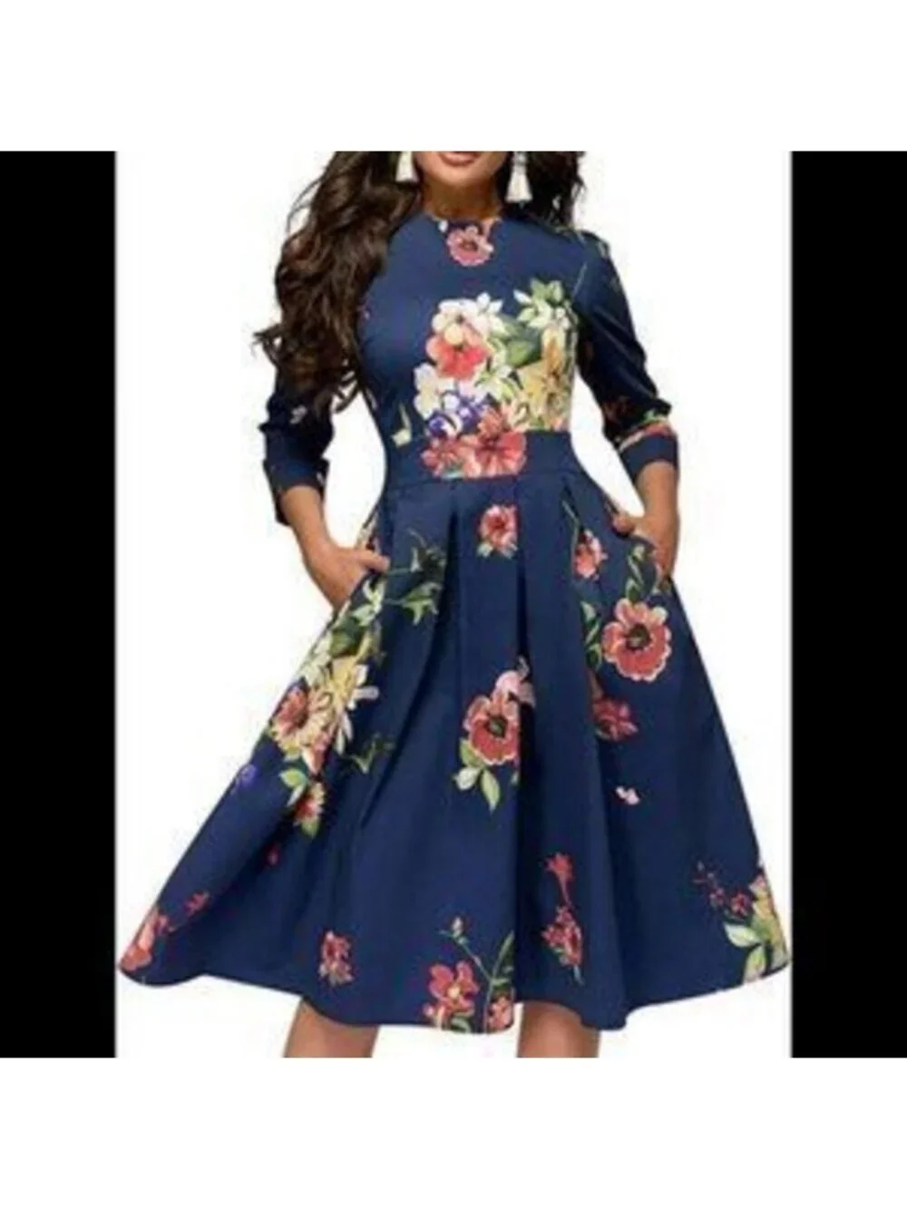 Women's Floral Vintage Dress Elegant Midi Evening Dress 3/4 Sleeves - Picture 5 of 5